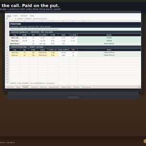 May include: A digital spreadsheet displayed on a screen titled Paid on the call. Paid on the put. The interface shows financial data tables labeled Position, Dual-short dashboard, and Current overlay logs with columns for strike, expiry, and credit.