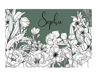 Green Floral Pet Placemat - Food/Water Mat - Custom Pet Mat - Personalized Name Placemat - Puppy Gift - Dog Gift - Cat Bowl Mat - Sage - Pup