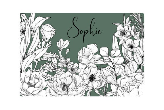 Green Floral Pet Placemat - Food/Water Mat - Custom Pet Mat - Personalized Name Placemat - Puppy Gift - Dog Gift - Cat Bowl Mat - Sage - Pup