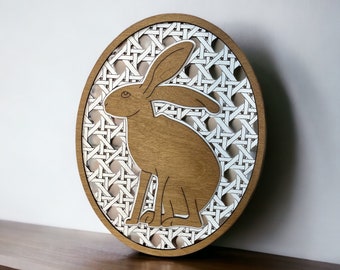 Bunny Decor - Bunny Sign - Rattan Bunny - Farmhouse Rabbit Sign - Wood Bunny - Cute Home Decor - Shelf Sitter - Easter - Spring Decor