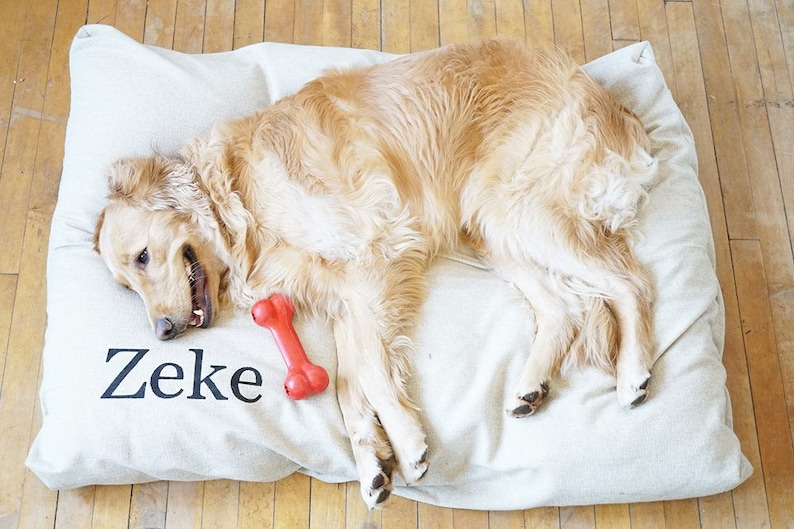 May include: A golden retriever dog laying on a beige dog bed with a red bone toy. The bed has the name "Zeke" embroidered on it.