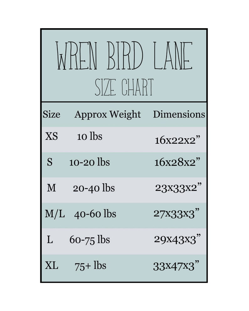 May include: Size chart for Wren Bird Lane clothing, showing sizes XS through XL with corresponding weight ranges and dimensions in inches.