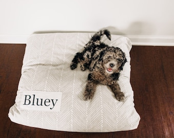 Herringbone Dog Bed - Dog Bed Cover - Farmhouse Dog Bed - Tan and White - Puppy Bed - Washable - Large Pet Bed - Custom Dog Bed