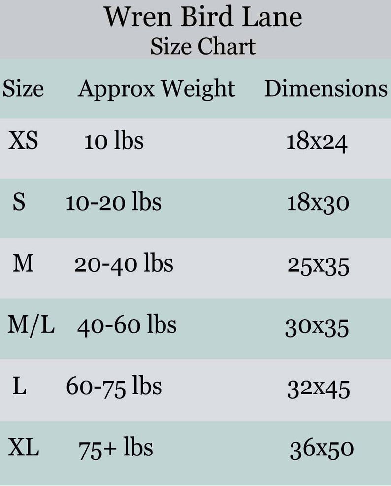 Puede incluir: Tabla de tallas para casas de p&aacute;jaros Wren Bird Lane, que muestra las dimensiones en pulgadas y el peso aproximado en libras. Las tallas incluyen XS, S, M, M/L, L y XL.