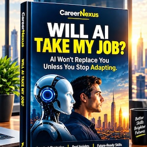 Op de afbeelding: Een hardcover boek getiteld CareerNexus: Will AI Take My Job? AI Won't Replace You Unless You Stop Adapting. De kaft toont een wit robot hoofd en een menselijk profiel tegen een stadsskyline bij zonsondergang. Tekst: Practical. Strategies | Real Insights | Future-Ready Skills.