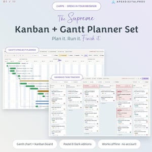 Może przedstawiać: Zestaw cyfrowych planerów z interfejsem projektu Gantt oraz tablicą Kanban do śledzenia zadań. Tekst zawiera The Supreme Kanban + Gantt Planner Set, Plan it. Run it. Finish it., 2 Apps, Opens in your browser, ApexDigitalPros.