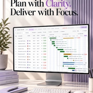 May include: A computer monitor displays a project management interface titled Cadence Timeline with task lists and a Gantt chart. Above the screen, text reads Plan with Clarity. Deliver with Focus. A keyboard, mouse, and notebook are on the desk.