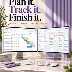 May include: Two computer monitors displaying the Cadence Product Set, featuring a timeline and board interface. Text reads: The Cadence Product Set, Plan it. Track it. Finish it. Cadence Timeline + Cadence Board. Includes a keyboard, mouse, and notebook.
