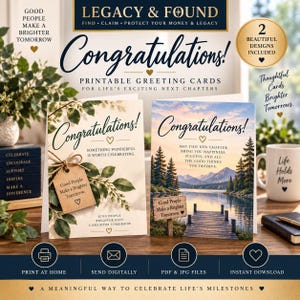 May include: Two printable greeting cards with the text Congratulations. One card features green leaves and a kraft paper tag, the other a mountain lake landscape. Both include the phrase Good People Make a Brighter Tomorrow and heart icons.
