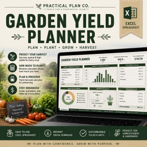 Könnte beinhalten: Eine digitale Excel-Tabelle zur Gartenertragsplanung auf einem Laptop-Bildschirm. Die Benutzeroberfläche zeigt ein Dashboard mit Ernteübersichten, monatlichen Diagrammen, Pflanzenlisten und Pflanzrechnern. Der Text enthält das Branding Practical Plan Co.