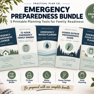 May include: An emergency preparedness bundle featuring five printable PDF planning tools. The documents include an emergency preparedness planner, a 72-hour family binder, a water planner, a power outage guide, and a food supply planner with icons.