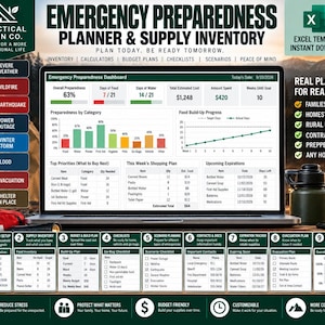 May include: An emergency preparedness planner and supply inventory Excel template displayed on a laptop screen. The dashboard features charts, tables for food and water tracking, budget plans, checklists, and scenario planning for various disasters.