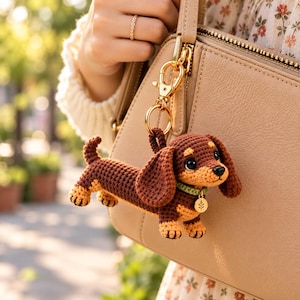May include: A crocheted dachshund keychain featuring a brown and tan body, a green collar with a small gold-toned leaf charm, and a gold-colored metal lobster clasp attached to a beige leather handbag with a visible zipper and stitching details.