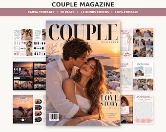 Può includere: Un modello di rivista digitale intitolato COUPLE MAGAZINE con 78 pagine e 5 copertine bonus. La copertina mostra una coppia che si abbraccia al tramonto con il testo Noah & Olivia e Our Love Story. Include layout per collage fotografici, mappe e cruciverba.