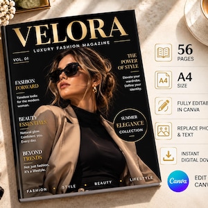 Può includere: Una copertina di rivista nera intitolata VELORA Luxury Fashion Magazine con una persona in blazer beige e top nero. La copertina include testi come Fashion Forward, Beauty Essentials e Summer Elegance Collection, con icone che indicano 56 pagine, formato A4 e modificabilità su Canva.