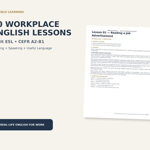 May include: A digital educational document titled 20 Workplace English Lessons by Ardenlo Learning, featuring a sample page for Lesson 01 Reading a Job Advertisement, designed for adult ESL learners at the CEFR A2-B1 proficiency level.