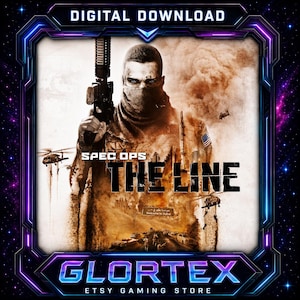 Puede incluir: Un póster de descarga digital para Spec Ops The Line con un soldado enmascarado sosteniendo un rifle frente a una ciudad devastada por la guerra con helicópteros, humo y un letrero de Welcome to Dubai, enmarcado por un borde morado y azul.