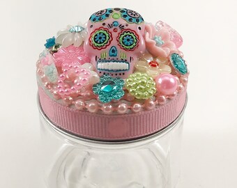 Sugar Skull Assemblage Trinket Jar Party Favor Stocking Stuffer - Pink