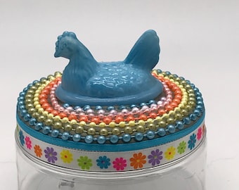 Assemblage Art Jar  Stocking Stuffer -- Blue Milk Glass Hen on Nest