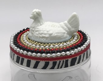 Assemblage Art Jar  Stocking Stuffer -- Milk Glass Hen on Nest