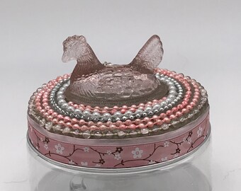 Assemblage Art Jar  Stocking Stuffer -- Pink Glass Hen on Nest