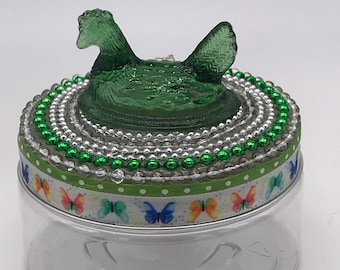 Assemblage Art Jar Stocking Stuffer — Forest Green Hen on Nest
