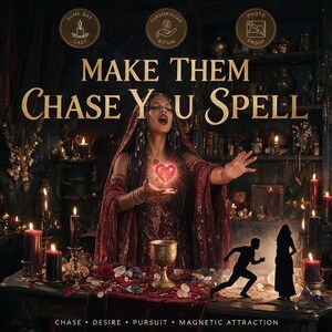 Puede incluir: Un gráfico digital con el texto MAKE THEM CHASE YOU SPELL. Una persona con túnica roja oscura está detrás de una mesa con un corazón rojo brillante, un cáliz dorado, velas y cristales. Se ven dos siluetas sobre la mesa.