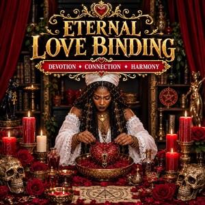 Puede incluir: Un gráfico digital titulado ETERNAL LOVE BINDING con las palabras DEVOTION, CONNECTION, HARMONY. Una persona con cabello oscuro trenzado viste una blusa de encaje blanco y tocado, sosteniendo un objeto rojo en forma de corazón sobre un cuenco dorado.
