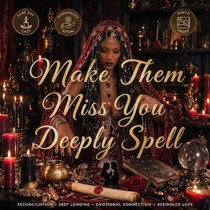 Puede incluir: Una persona con una prenda roja oscura con bordados dorados, collares superpuestos y un tocado. El texto dice Make Them Miss You Deeply Spell, incluyendo iconos de Same Day Cast, Personalize Ritual y Photo Proof en la imagen.