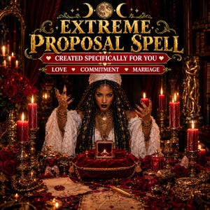 Può includere: Una presentazione a tema scuro con il testo EXTREME PROPOSAL SPELL, CREATED SPECIFICALLY FOR YOU, LOVE, COMMITMENT, MARRIAGE. Una persona con capelli intrecciati indossa maniche in pizzo bianco e gioielli dorati dietro un portaanelli rosso.