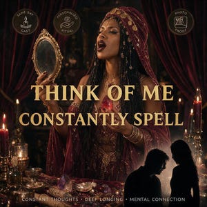 Puede incluir: Una persona con un tocado rojo oscuro y ropa ornamentada sostiene un espejo con marco dorado y un cristal rojo. El texto dice: THINK OF ME CONSTANTLY SPELL, SAME DAY CAST, PERSONALIZED RITUAL, PHOTO PROOF, CONSTANT THOUGHTS, DEEP LONGING, MENTAL CONNECTION.