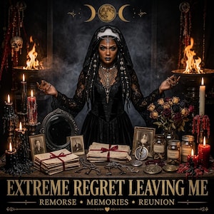 Puede incluir: Una persona con vestido y velo de encaje negro detrás de una mesa con velas, cartas atadas con cinta roja, fotos antiguas, frascos y llaves. El texto dice EXTREME REGRET LEAVING ME REMORSE MEMORIES REUNION.