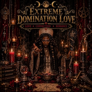 Puede incluir: Una obra de arte digital titulada EXTREME DOMINATION LOVE que muestra a una persona con túnicas ornamentadas y tocado, rodeada de velas, una bola de cristal, un reloj de arena y libros etiquetados CONTROL, ATTRACTION, OBSESSION y MANIFESTATION.