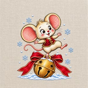 Könnte beinhalten: Eine cremefarbene Maus mit großen rosa Ohren und einer roten Weste steht auf einer goldenen Glocke, die mit einer großen roten Schleife verziert ist. Die Szene ist von hellblauen Schneeflocken und kleinen weißen Punkten auf beigem Grund umgeben.