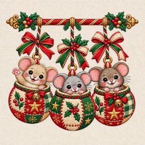 Könnte beinhalten: Ein Stickmuster mit drei Mäusen, die aus runden, gesteppten Weihnachtskugeln herausschauen. Die Kugeln sind mit roten, grünen und goldenen Mustern, Stechpalmenblättern und Sternen verziert. Jede Kugel hängt an einer gedrehten Kordel mit einer festlichen Schleife und einer kleinen goldenen Glocke.