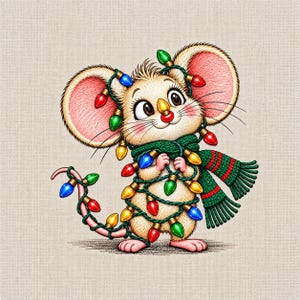 Cute Christmas Mouse Wrapped in String Lights, Festive Mouse with Holiday Scarf  Embroidery Design, Instant Download Dst Pes