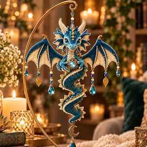 May include: A crocheted blue and cream dragon ornament suspended from a gold metal stand. The dragon features intricate stitching, a long coiled tail, and wings adorned with dangling blue crystal beads and gold leaf charms. It holds a glowing orb.