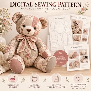 May include: A patchwork teddy bear made of floral and plaid fabric in shades of pink, beige, and brown, featuring a matching bow. Beside it are printed sewing pattern sheets, an instruction booklet, and a sewing guide with photos and text.