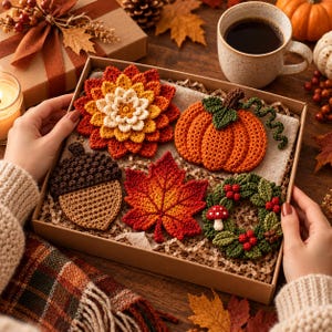 Könnte beinhalten: Eine Geschenkbox mit vier gehäkelten herbstlichen Objekten: eine mehrschichtige Blume in Rot-, Orange- und Cremetönen, ein orangefarbener Kürbis mit grünem Stiel, eine braune Eichel, ein rot-orangenes Ahornblatt und ein grüner Kranz mit roten Beeren.
