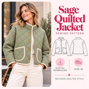 Quilted Jacket Sewing Pattern PDF, Women's Short Jacket, Stand Collar Button Jacket, Quilted Coat Pattern