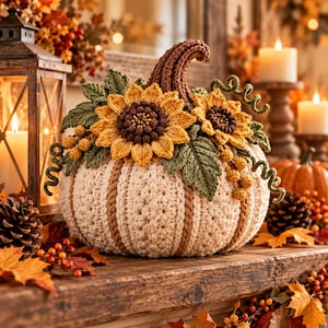May include: A crocheted pumpkin in cream and brown with a textured ribbed surface. The top is decorated with two large yellow sunflowers, dark brown centers, green crocheted leaves, and small yellow berries with curly green tendrils.