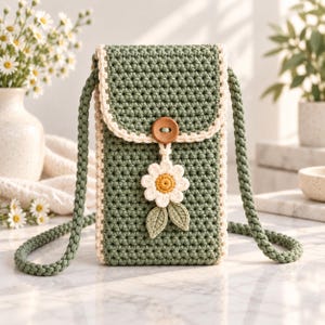 May include: A sage green crochet crossbody bag featuring a rectangular body with a flap closure, secured by a brown wooden button. The bag is accented with a white and yellow crocheted daisy flower and two green leaves, finished with a thick cord strap.