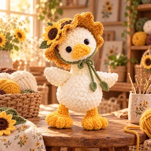 Op de afbeelding: Een wit gehaakt eendje als knuffel, met een gele zonnebloemmuts met een bruin hart en groene blaadjes. Het eendje heeft oranje voeten en een bijpassende oranje snavel, met donkere ronde ogen, staand op een houten ondergrond.