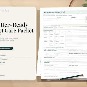 Może przedstawiać: Pakiet opieki nad zwierzętami Sitter-Ready do pobrania cyfrowego z 8-stronicowym systemem w formatach US Letter i A4. Dokument zawiera formularz At-a-Glance Sitter Brief z sekcjami dotyczącymi danych zwierzęcia, codziennego rytmu i kontaktów.