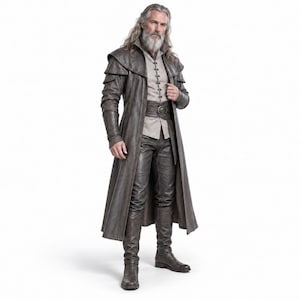 May include: A long, dark brown leather coat with layered shoulder detailing, worn over a light beige button-up shirt and matching dark brown leather trousers. The outfit includes a wide leather belt with a buckle and tall leather boots.