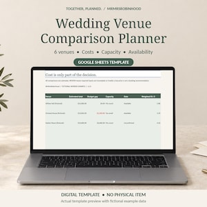 May include: A digital wedding venue comparison planner Google Sheets template displayed on a laptop screen. The interface features columns for venue names, estimated costs, budget gaps, capacity, availability, and weighted fit scores for six venues.