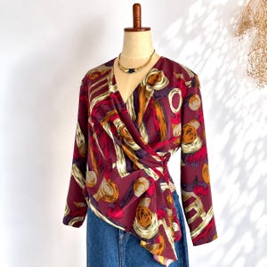80s Vintage Wrap Blouse, Burgundy Scarf Print Top, Abstract Patterned Surplice Shirt, Retro Statement Blouse