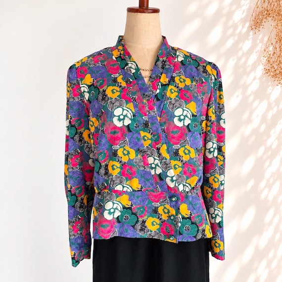 Hardy Amies, 80s Vintage Hardy Amies Boutique London Floral Blouse, Colorful Textured Print Wrap Front Top, Bold Retro Fashion