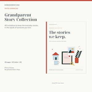 Może przedstawiać: Cyfrowy plik do pobrania zatytułowany Grandparent Story Collection zawierający 48 podpowiedzi. Okładka zawiera tekst The stories we keep. A life in memories, moments & little details oraz ilustracje domu, kubka, zdjęcia i rośliny.