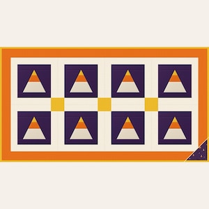 Op de afbeelding: Een rechthoekige quilt met een herhalend patroon van acht donkerpaarse blokken, elk met een centrale driehoek verdeeld in horizontale oranje, gele en witte banden. De blokken worden gescheiden door gele vierkanten en omrand door een oranje kader.